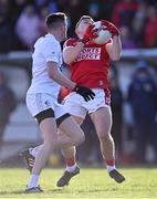 5 February 2023; Seán Powter of Cork in action against David Hyland of Kildare during the Allianz Football League Division 2 match between Kildare and Cork at St Conleth's Park in Newbridge, Kildare. Photo by Piaras Ó Mídheach/Sportsfile