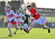5 February 2023; Leonard Grey of Louth in action against Ethan Doherty of Derry during the Allianz Football League Division 2 match between Louth and Derry at DEFY Pairc Mhuire in Ardee, Louth. Photo by Stephen Marken/Sportsfile