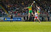 5 February 2023; Jason McGee of Donegal wins possession from the throw-in against Brian Kennedy of Tyrone during the Allianz Football League Division 1 match between Tyrone and Donegal at O'Neill's Healy Park in Omagh, Tyrone. Photo by Ramsey Cardy/Sportsfile