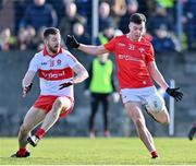 5 February 2023; Liam Jackson of Louth shoots to score his side's first goal during the Allianz Football League Division 2 match between Louth and Derry at DEFY Pairc Mhuire in Ardee, Louth. Photo by Stephen Marken/Sportsfile
