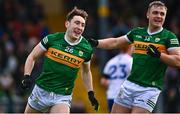 5 February 2023; Paudie Clifford of Kerry celebrates with teammate Darragh Roche after scoring his side's second goal during the Allianz Football League Division 1 match between Kerry and Monaghan at Fitzgerald Stadium in Killarney, Kerry. Photo by Eóin Noonan/Sportsfile