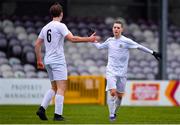 5 February 2023; Ethan McCauley, right, and Piotrik Szymanski of Galway District League celebrate at the end of the first half during the FAI Youth Inter-League Cup Final 2023 match between Galway District League and Cork Youth League at Eamonn Deacy Park in Galway. Photo by Tyler Miller/Sportsfile