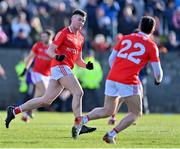 5 February 2023; Liam Jackson of Louth celebrates after scoring his side's first goal in the Allianz Football League Division 2 match between Louth and Derry at DEFY Pairc Mhuire in Ardee, Louth. Photo by Stephen Marken/Sportsfile