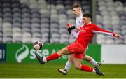 5 February 2023; Ben Costelloe of Galway District League is tackled by Sean Connolly of Cork Youth League during the FAI Youth Inter-League Cup Final 2023 match between Galway District League and Cork Youth League at Eamonn Deacy Park in Galway. Photo by Tyler Miller/Sportsfile