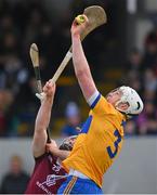 5 February 2023; Conor Cleary of Clare wins possession ahead of Eoin Keyes of Westmeath during the Allianz Hurling League Division 1 Group A match between Clare and Westmeath at Cusack Park in Ennis, Clare. Photo by Ray McManus/Sportsfile