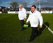 5 February 2023; Umpires Ollie Rielly, right, and Timmy Forde take to the field with their smart sliotars before the Allianz Hurling League Division 1 Group B match between Waterford and Dublin at Fraher Field in Dungarvan, Waterford. Photo by Harry Murphy/Sportsfile