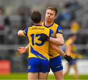 5 February 2023; Niall Daly and Ben O’Carroll of Roscommon celebrate after the game in the Allianz Football League Division 1 match between Galway and Roscommon at Pearse Stadium in Galway. Photo by Ray Ryan/Sportsfile