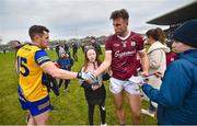 5 February 2023; Paul Conroy of Galway congratulates Ciaráin Murtagh of Roscommon after the game in the Allianz Football League Division 1 match between Galway and Roscommon at Pearse Stadium in Galway. Photo by Ray Ryan/Sportsfile