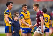 5 February 2023; Dylan McHugh of Galways shakes hands with Diarmuid Murtagh and Tadhg O’Rourke of Roscommon after the game in the Allianz Football League Division 1 match between Galway and Roscommon at Pearse Stadium in Galway.Photo by Ray Ryan/Sportsfile