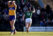 5 February 2023; Jason Scully of Meath celebrates after scoring his side's fourth goal, as a dejected Jamie Malone of Clare puts his hands on his head during the Allianz Football League Division 2 match between Meath and Clare at Páirc Tailteann in Navan, Meath. Photo by Daire Brennan/Sportsfile