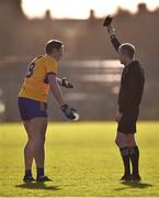 5 February 2023; Cathal O’Connor of Clare reacts after being shown a black card by referee Niall Cullen during the Allianz Football League Division 2 match between Meath and Clare at Páirc Tailteann in Navan, Meath. Photo by Daire Brennan/Sportsfile