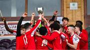 5 February 2023; The Cork Youth league team celebrate with the trophy after the FAI Youth Inter-League Cup Final 2023 match between Galway District League and Cork Youth League at Eamonn Deacy Park in Galway. Photo by Tyler Miller/Sportsfile
