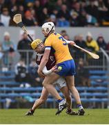 5 February 2023; Owen McCabe of Westmeath is tackled by Conor Cleary of Clare during the Allianz Hurling League Division 1 Group A match between Clare and Westmeath at Cusack Park in Ennis, Clare. Photo by John Sheridan/Sportsfile