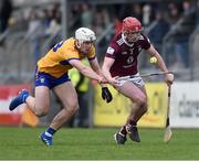 5 February 2023; Darragh Egerton of Westmeath is tackled by Keith Smythe of Clare during the Allianz Hurling League Division 1 Group A match between Clare and Westmeath at Cusack Park in Ennis, Clare. Photo by John Sheridan/Sportsfile