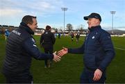 5 February 2023; Waterford manager Davy Fitzgerald shakes hands with Dublin manager Micheál Donoghue after the Allianz Hurling League Division 1 Group B match between Waterford and Dublin at Fraher Field in Dungarvan, Waterford. Photo by Harry Murphy/Sportsfile