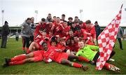 5 February 2023; The Cork Youth League team and backroom staff celebrate after their side's victory in the FAI Youth Inter-League Cup Final 2023 match between Galway District League and Cork Youth League at Eamonn Deacy Park in Galway. Photo by Tyler Miller/Sportsfile