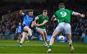 5 February 2023; Lee Gannon of Dublin has a shot at goal despite the efforts of James Naughton, left, and Iain Corbett of Limerick during the Allianz Football League Division 2 match between Limerick and Dublin at TUS Gaelic Grounds in Limerick. Photo by Sam Barnes/Sportsfile