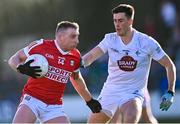 5 February 2023; Brian Hurley of Cork in action against Mick O'Grady of Kildare during the Allianz Football League Division 2 match between Kildare and Cork at St Conleth's Park in Newbridge, Kildare. Photo by Piaras Ó Mídheach/Sportsfile