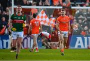 5 February 2023; Rian O'Neill of Armagh celebrates after kicking the equalising score in injury time during the Allianz Football League Division 1 match between Armagh and Mayo at Box-It Athletic Grounds in Armagh. Photo by Brendan Moran/Sportsfile