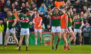 5 February 2023; Mayo players, from left, Conor McStay, 23, and Jordan Flynn react as referee Fergal Kelly awards an injury time free kick to Armagh, which Rian O'Neill of Armagh subsequently kicked to level the Allianz Football League Division 1 match between Armagh and Mayo at Box-It Athletic Grounds in Armagh. Photo by Brendan Moran/Sportsfile