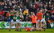 5 February 2023; Mayo players, from left, Matthew Ruane, Ryan O'Donoghue and Conor McStay react as referee Fergal Kelly awards an injury time free kick to Armagh, which Rian O'Neill of Armagh subsequently kicked to level the Allianz Football League Division 1 match between Armagh and Mayo at Box-It Athletic Grounds in Armagh. Photo by Brendan Moran/Sportsfile