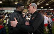 5 February 2023; Armagh selector Kieran Donaghy, right, meets former Ballina basketball player Deora Marsh after the Allianz Football League Division 1 match between Armagh and Mayo at Box-It Athletic Grounds in Armagh. Photo by Brendan Moran/Sportsfile