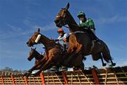 5 February 2023; Sainte Dona, right, with Bryan Cooper up, and Banntown Girl, left, with Danny Mullins up, during the Irish Stallion Farms EBF Paddy Mullins Mares Handicap Hurdle on day two of the Dublin Racing Festival at Leopardstown Racecourse in Dublin. Photo by Seb Daly/Sportsfile