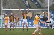 4 February 2023; David Blanchfield of Kilkenny defends a free from Conal Cunning of Antrim during the Allianz Hurling League Division 1 Group B match between Antrim and Kilkenny at Corrigan Park in Belfast. Photo by Ramsey Cardy/Sportsfile