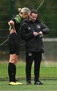 4 February 2023; Shamrock Rovers manager Collie O'Neill speaking to Stephanie Zambra of Shamrock Rovers during the pre-season friendly match between Cork City and Shamrock Rovers at Charleville Community Sports Complex in Cork. Photo by Eóin Noonan/Sportsfile