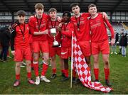 5 February 2023; Cork Youth League players celebrate with the trophy after their side's victory in the FAI Youth Inter-League Cup Final 2023 match between Galway District League and Cork Youth League at Eamonn Deacy Park in Galway. Photo by Tyler Miller/Sportsfile