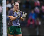 6 February 2023; Meath goalkeeper Monica McGuirk encourages her teammates during the 2023 Lidl Ladies National Football League Division 1 Round 3 between Galway and Meath at Páirc Tailteann in Navan, Meath. Photo by Piaras Ó Mídheach/Sportsfile