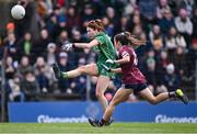 6 February 2023; Ciara Smyth of Meath in action against Aoife Molloy of Galway during the 2023 Lidl Ladies National Football League Division 1 Round 3 between Galway and Meath at Páirc Tailteann in Navan, Meath. Photo by Piaras Ó Mídheach/Sportsfile