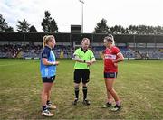 6 February 2023; Referee Garryowen McMahon with Carla Rowe of Dublin and Maire O'Callaghan of Cork during the 2023 Lidl Ladies National Football League Division 1 Round 3 match between Cork and Dublin at Pairc Ui Rinn in Cork. Photo by Eóin Noonan/Sportsfile