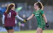 6 February 2023; Emma Duggan of Meath shakes hands with Kate Slevin of Galway after the 2023 Lidl Ladies National Football League Division 1 Round 3 between Galway and Meath at Páirc Tailteann in Navan, Meath. Photo by Piaras Ó Mídheach/Sportsfile