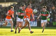 5 February 2023; Stefan Campbell of Armagh in action against Jordan Flynn of Mayo during the Allianz Football League Division 1 match between Armagh and Mayo at Box-It Athletic Grounds in Armagh. Photo by Brendan Moran/Sportsfile