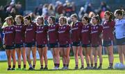 6 February 2023; Galway players stand for Amhrán na bhFiann before the 2023 Lidl Ladies National Football League Division 1 Round 3 between Galway and Meath at Páirc Tailteann in Navan, Meath. Photo by Piaras Ó Mídheach/Sportsfile