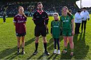 6 February 2023; Referee Gavin Finnegan with team captains Sarah Ní Loingsigh of Galway and Shauna Ennis of Meath before the 2023 Lidl Ladies National Football League Division 1 Round 3 between Galway and Meath at Páirc Tailteann in Navan, Meath. Photo by Piaras Ó Mídheach/Sportsfile
