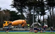 7 February 2023; CUS players warm-up, as contruction takes place around the grounds of Energia Park, before the Bank of Ireland Leinster Rugby Schools Junior Cup First Round match between St Michael’s College and CUS at Energia Park in Dublin. Photo by Ben McShane/Sportsfile