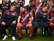 6 February 2023; Drogheda United players and staff, including captain Gary Deegan, centre, manager Kevin Doherty, left, and head coach Daire Doyle, right, prepare for their squad photograph during a Drogheda United squad portrait session at Weaver's Park in Drogheda, Louth. Photo by Stephen McCarthy/Sportsfile