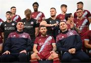 6 February 2023; Drogheda United players and staff, including captain Gary Deegan, centre, manager Kevin Doherty, left, and head coach Daire Doyle, right, prepare for their squad photograph during a Drogheda United squad portrait session at Weaver's Park in Drogheda, Louth. Photo by Stephen McCarthy/Sportsfile