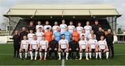 6 February 2023; The Dundalk team, management and staff, back row, from left, lead physiotherapist Danny Miller, Cameron Elliott, Archie Davis, Robbie McCourt, Louie Annesley, Connor Malley, Alfie Lewis, Hayden Muller and first team analyst Dominic Corrigan, middle row, from left, sports scientist Claire Dunne, coach Liam Burns, Ryan O'Kane, John Martin, goalkeepers Jamie Ryan, Nathan Shepperd, Peter Cherrie and Mark Byrne, Paul Doyle, Keith Ward, head of football operations Brian Gartland, and kitman Noel Walsh, front row, from left, Darragh Leahy, Andy Boyle, Daniel Kelly, head coach Stephen O'Donnell, Patrick Hoban, assistant manager Patrick Cregg, Robbie Benson, Greg Sloggett, and John Mountney, during a Dundalk squad portrait session at Oriel Park in Dundalk, Louth. Photo by Seb Daly/Sportsfile