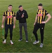 8 February 2023; In attendance at UPMC Nowlan Park in Kilkenny for the announcement of the continued sponsorship by Glanbia & Avonmore of Kilkenny GAA in hurling and football from u14 to senior level is Kilkenny senior hurling manager Derek Lyng with Kilkenny hurlers Paddy Deegan, left, and Walter Walsh. Photo by Piaras Ó Mídheach/Sportsfile