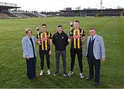 8 February 2023; In attendance at UPMC Nowlan Park in Kilkenny for the announcement of the continued sponsorship by Glanbia & Avonmore of Kilkenny GAA in hurling and football from u14 to senior level are, from left, Glanbia director of corporate affairs Martha Kavanagh, Kilkenny hurler Paddy Deegan, Kilkenny senior hurling manager Derek Lyng, Kilkenny hurler Walter Walsh and Kilkenny GAA chairman PJ Kenny. Photo by Piaras Ó Mídheach/Sportsfile