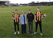 8 February 2023; In attendance at UPMC Nowlan Park in Kilkenny for the announcement of the continued sponsorship by Glanbia & Avonmore of Kilkenny GAA in hurling and football from u14 to senior level is Glanbia director of corporate affairs Martha Kavanagh, alongside Kilkenny senior hurling manager Derek Lyng, and Kilkenny hurlers Paddy Deegan, left, Walter Walsh. Photo by Piaras Ó Mídheach/Sportsfile