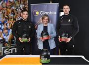 8 February 2023; In attendance at UPMC Nowlan Park in Kilkenny for the announcement of the continued sponsorship by Glanbia & Avonmore of Kilkenny GAA in hurling and football from u14 to senior level is Glanbia director of corporate affairs Martha Kavanagh with Kilkenny hurlers Paddy Deegan, left, and Walter Walsh. Photo by Piaras Ó Mídheach/Sportsfile