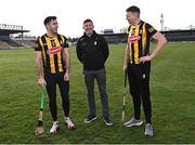 8 February 2023; In attendance at UPMC Nowlan Park in Kilkenny for the announcement of the continued sponsorship by Glanbia & Avonmore of Kilkenny GAA in hurling and football from u14 to senior level is Kilkenny senior hurling manager Derek Lyng with Kilkenny hurlers Paddy Deegan, left, and Walter Walsh. Photo by Piaras Ó Mídheach/Sportsfile