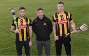 8 February 2023; In attendance at UPMC Nowlan Park in Kilkenny for the announcement of the continued sponsorship by Glanbia & Avonmore of Kilkenny GAA in hurling and football from u14 to senior level is Kilkenny senior hurling manager Derek Lyng with Kilkenny hurlers Paddy Deegan, left, and Walter Walsh. Photo by Piaras Ó Mídheach/Sportsfile