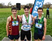 8 February 2023; Senior boys podium, first place Cormac Dixon of Holy Family Community School Rathcoole, centre, second place Jonas Stafford of Glendalough school, right, and third place Billy Coogan of Kilkenny CBS during the 123.ie Leinster Schools Cross Country 2023 at Santry Demesne in Dublin. Photo by David Fitzgerald/Sportsfile