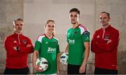 8 February 2023; Cian Coleman and Zara Foley of Cork City with Cork City womens manager Danny Murphy, left, and Cork City manager Colin Healy, right, at the launch of the SSE Airtricity League of Ireland 2023 season held at City Hall in Dublin. Photo by Eóin Noonan/Sportsfile