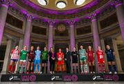 8 February 2023; SSE Airtricity brand, advertising, and sponsorship lead Ashley Morrow, and Mark Scanlon, League of Ireland director, with SSE Airtricity Women's Premier Division players, from left, Esra Kengal of Treaty United, Zara Foley of Cork City, Erica Burke of Bohemians, Jess Gleeson of DLR Waves, Karen Duggan of Peamount United, Pearl Slattery of Shelbourne, Aoibheann Clancy of Wexford Youths, Maria Reynolds of Shamrock Rovers, Therese Kennevey of Galway United, Emma Hansberry of Sligo Rovers and Laurie Ryan of Athlone Town at the launch of the SSE Airtricity League of Ireland 2023 season held at City Hall in Dublin. Photo by Stephen McCarthy/Sportsfile